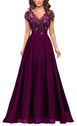 MIUSOL Women's Elegant V-Neck Lace Emprie Waist Bridesmaids Party Gown Formal Maxi Dress (Meidum, Sequins Version - Maroon)