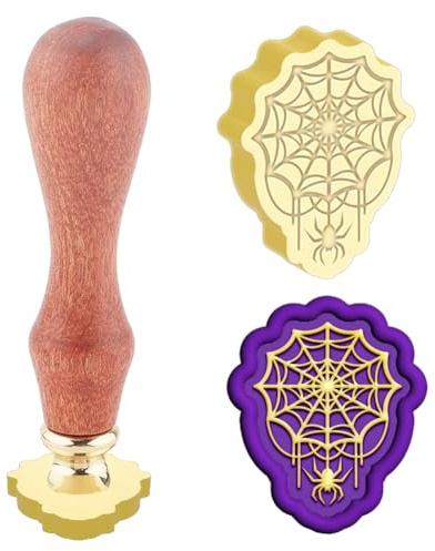 Hobbspring WachsSiegel Stempel Mit Spinnennetz Austauschbare Umschläge DIY Siegel Stempel Retro Relief Messingkopf Gelber Sandelholzgriff Für Halloween Party Einladungskarte Dekor Zurück zur Schule