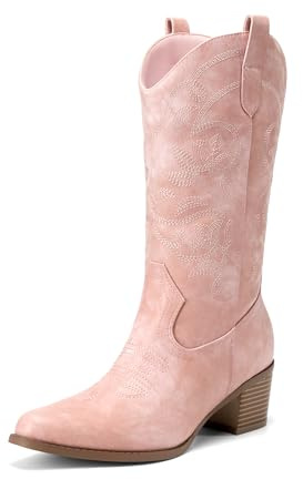 DREAM PAIRS cowboy stövlar för kvinnor cowgirl västerländska stövlar mode broderi sydd tjock klack mitt vadstövlar