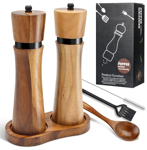 Yiomxhi Salz und Pfeffermühle Set, Holz Gewürzmühle mit Untersetzer, Löffel, 2 Reinigungsbürsten, Manuelle Pfeffer Salzmühle mit Einstellbare Keramikmahlwerk Mühlenset für Gewürze