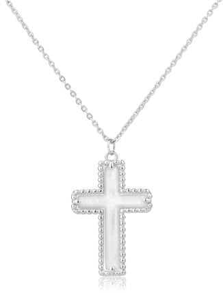 Imohen&Sam Silver Cross Necklace for Women,14K White Gold Plated Mother of Pearl Pendant, Cute Preppy Non Tarnish,Aesthetic Popular Jewelry Baptism Gifts Trendy Fashion Accessories-Small