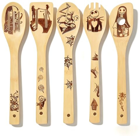 Cuillère de Cuisine en Bois Unique avec Motif Cauchemar, Ensemble de Cuisinière en Bambou bio Antiadhésif, Ensemble d'ustensiles de Cuisine Cadeau Noël(5 PCS)