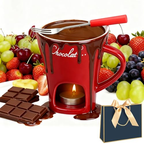 NNBWLMAEE Schokoladenfondue Tasse, Fondue Tasse mit Teelicht und Gabel, Keramik Schoko Fondue Tassen, Tasse mit Teelicht Schokolade, für Käse, Schokolade, Butter und Karamell (Red)