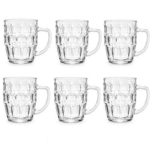 Pack 6 Jarras Cerveza Cristal 520 ml, Vasos Grandes con Asa Relieve Bar