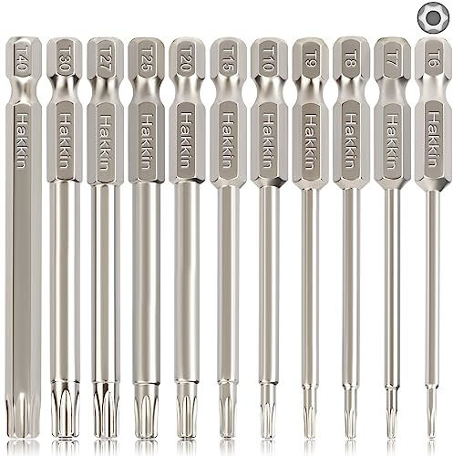 Torx Bit Set Hakkin 11Pcs Torx Screwdriver Sets 75mm Tamper Proof Torx Security Bit Set S2 Steel Magnetic Star Bits Set 1/4 Hex Shank for Impact Drill T6 T7 T8 T9 T10 T15 T20 T25 T27 T30 T40