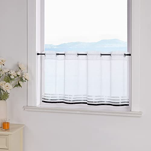 ESLIR Scheibengardine mit Ösen Gardinen Küche Bistrogardinen Transparent Stores Vorhänge mit Satinband Voile Weiß und Schwarz HxB 60x120cm 1 Stück
