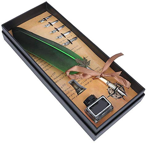 Hztyyier Schreibfeder Set, Schreibfeder Kalligraphie Feder Dip Pen mit 5 Ersatzspitzen in Geschenkbox(Grün)