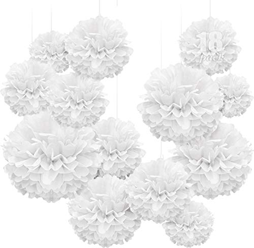 WEARXI Hochzeit Hochzeitsdeko Vintage Lampions, 18 er Pompons Deko Weiß, Seidenpapier Pompoms, Party Hochzeit Deko, Taufe Konfirmation Deko, Kommunion Dekoration für Geburtstag, Valentinstag