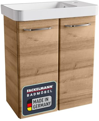 FACKELMANN Milano Gäste-WC Set, 55 cm Breite, Korpus & Front Braun hell, Badschrank mit Soft-Close-System, Waschbecken + Waschbeckenunterschrank inkl. 2 Schubladen