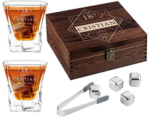 Maverton Set di Pietre da Whisky, in un cofanetto personalizzato | 8 cubetti di ghiaccio + 2 bicchieri con incisione, riutilizzabili, in granito, regalo uomo, quadrato