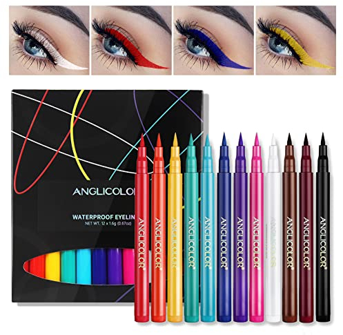 Angicolour 12 Coloured Eyeliner Set, Neon Liquid Eyeliner, Highly Pigmented, Waterproof, Matte, Smudge-proof, Perfect for Wedding Party (12 Colors)