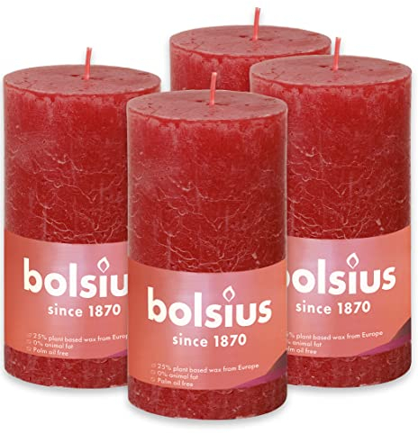 Bolsius Rustik Stumpenkerzen - Rot - 4 Stück - 13 x 7 cm - Länge Brenndauer 60 Stunden - Unparfümierte - Natürliches Pflanzenwachs - Ohne Palmöl