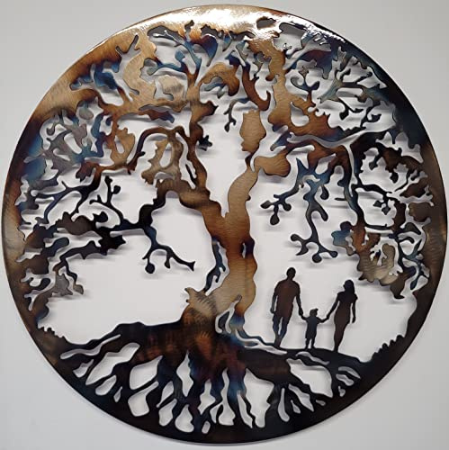 MetalArtWallDecor Decorazione da parete in metallo – Albero della vita con famiglia (padre, madre e figlia) – Scultura da parete unica in acciaio 60 cm – Art Mural Design con effetto bruciato