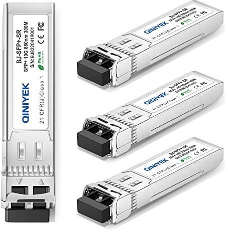 QINIYEK 10GBase-SR Module SFP+ Optique, 10Gb multimode LC Transceiver Compatible pour Cisco SFP-10G-SR, Ubiquiti UF-MM-10G, Meraki MA-SFP-10GB-SR, Mikrotik, Fortinet, Zyxel, D-Link, Netgear(Lot de 4)