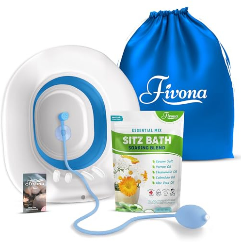 Fivona 4-in-1 Sitz Bath Soak Kit for Hemorrhoids and Postpartum Care 1 Pack of Blend Made of Epsom Salt and Essential Oils Toilet Expandable Seat Storage Bag and Hand Pump for at Home Perineal Soaking