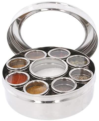 Authentic Indian Spice Tin Box Stainless Steel Masala Dabba Large Included 9 Separate Spice Tin Jar Curry Cooking Spice Herb Seasoning Pots with Lid Kitchen Masala Container Storage Set (No13 – 23cm)