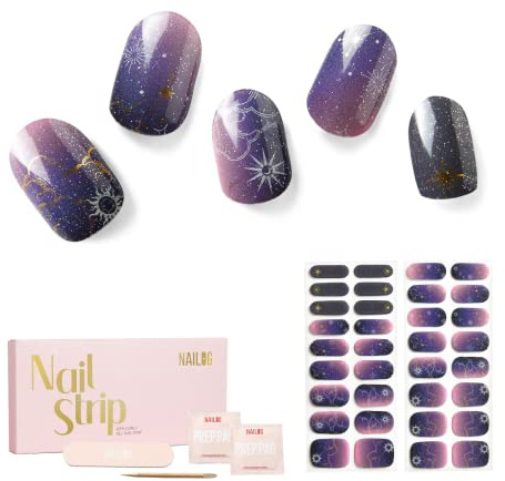 NAILOG Nagelfolie UV Härtend 34 Stück UV Nagelfolie - Constellation | 34 Streifen in 17 Größen, Gel-Nägel in Salonqualität zum Selbermachen, glänzend, HEMA-frei, vegan, einfach und sicher