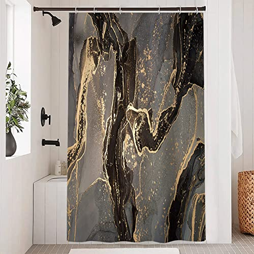 Uiiooazy Duschvorhang Shcwarz Gold, Duschvorhang 120x200cm Anti Schimmel Marmor Optik Grau Braun Marmoriert Duschvorhänge Stoff Waschbar Wasserdicht Polyester Bad Vorhang mit 8 Haken für Badezimmer