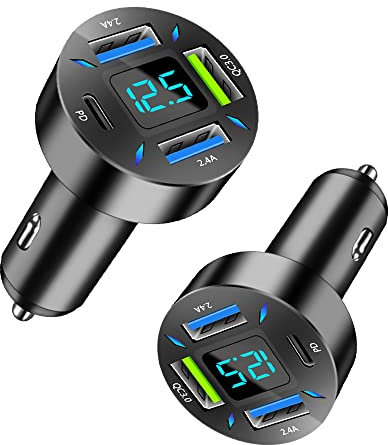 2Pcs 4 Ports USB Car Charger USB Adapter with Voltmeter,Type C Port PD 3.1/QC 3.0 Super Fast Charging Car Cigarette Lighter Plug for iPhone 14 13 12,S22 S21 S20,iPad Pro& More Mobil Phone (2Pcs-Black)