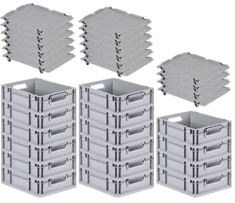 PROREGAL SuperSparSet 16x Eurobox NextGen Grip mit Auflagedeckel & 4 schwarzen Schiebeschnappverschlüssen, HxBxT 12x30x40cm, 11 L, Grau, Griffe offen, Eurobehälter, Transportbox