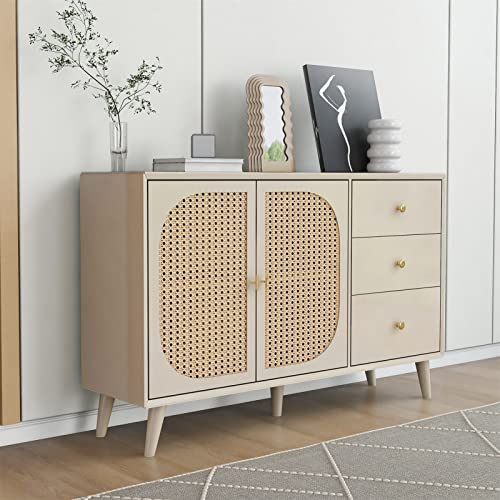 Sweiko zeitgemäße Kommode mit 2 Türen und 3 Schubladen, Rattan Türkommoden mit Schubkasten, Sideboard TV-Schrank Schubladenkommode Holz Mehrzweckschrank für Flur Schlafzimmer Wohnzimmer Esszimmer