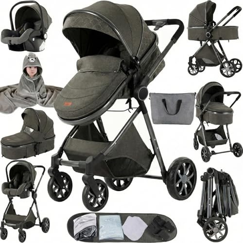 MoLi Kinderwagen 3 in 1, Kinderwagen Set Umkehrbarem Doppelschiebemodus, Kombikinderwagen 3 in 1 Großer Bequemer Babywanne, Buggy Rahmen Aluminiumlegierung Faltbar Hohe Landschaft (225 Dark Grey)