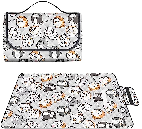Yoonqun Picknickdecke Wasserdicht 150x100cm,Groß Outdoor Faltbare Picnic Blanket mit Tragegriff,Picnic Decke Waschbar für Camping,Picknick,Wandern,BBQ,Reisen Campingdecke,Cartoon Katze