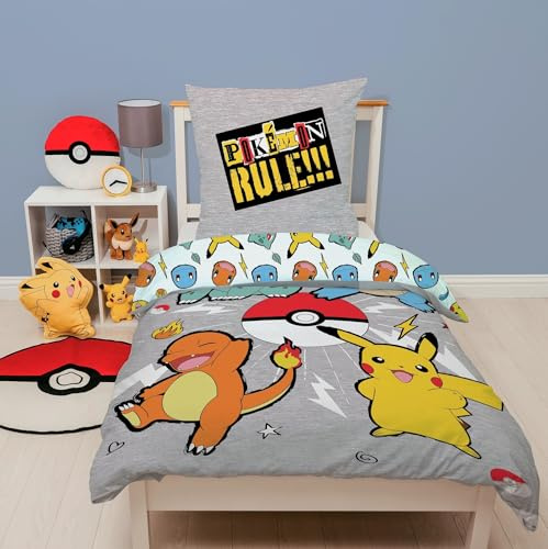 Pokémon Flanell Bettwäsche Set (2-teilig) – 135x200 cm & 80x80 cm mit Reißverschluss – 100% Baumwolle Biber – Wendemotiv mit Pikachu, Glumanda, Shiggy & Bisasam - Pflegeleicht & farbecht – Öko-TEX