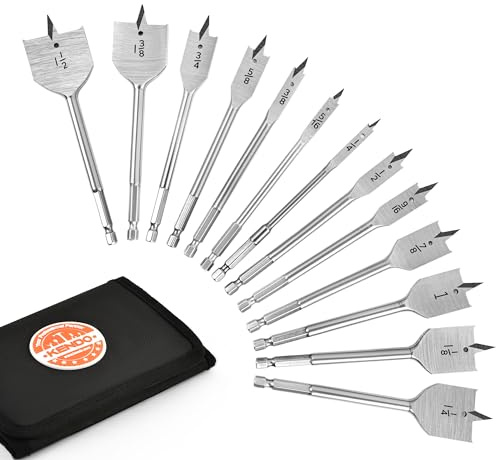 KENDO Set di 13 punte per trapano a vanga, in acciaio legato con gambo a cambio rapido, fresa piatta per legno, punte assortite con custodia in nylon, da 1/4 a 1-1/2