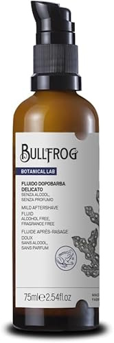Bullfrog – Sanftes Aftershave Fluid – Beruhigendes und feuchtigkeitsspendendes Aftershave für empfindliche Haut, 96,3% natürliche Inhaltsstoffe, alkoholfrei und parfumfrei, zieht schnell ein, 75 ml