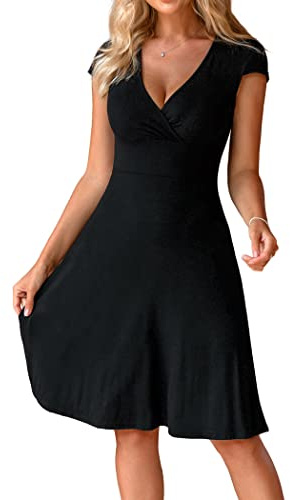 Beyove Kleid Damen Schwarz Knielang Kurzarm Elegant V-Ausschnitt Midikleid Casual Wickelkleid Sommer Strandkleid 42 XL