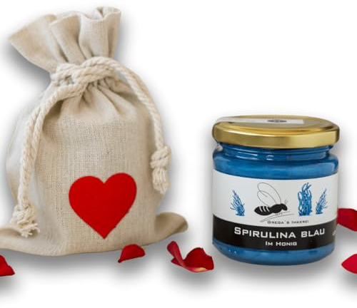 Gregas Imkerei Honig - Leinensäckchen mit Herz und Honig deiner Wahl - Das perfekte Geschenk- ideal als Mitbringsel zu Muttertag, Vatertag & Valentinstag (Spirulina Blau im Honig)