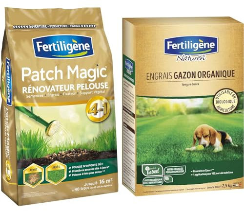FERTILIGENE FPATCH36C - Patch Magic Rénovateur de Pelouse 3,6 kg - Formule 4 en 1 & FERTILIGENE NATUREN NATGAZ1C - Engrais Gazon Organique UAB 2,5 kg - Reverdit en 7 jours - 1 application