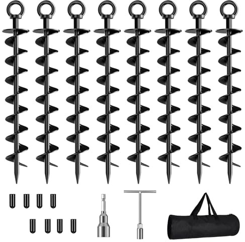Ground Anchor Screw in, 8 Pack Spiral Trampoline Anchors with Nut and Tool Swing Set Anchors Tent Stakes High Wind Heavy Duty for Sheds, Carports, Mobile Home Black