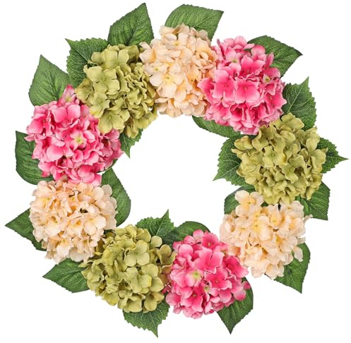 60cm Künstliche Hortensie Kranz Faux Blume Kranz, Faux Rosa Beige Grün Hortensie Dekorativen Kranz für Haustür, Mantel, Wand, Bauernhof Deko