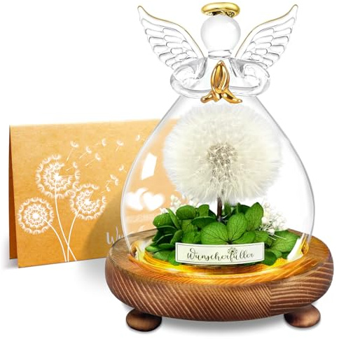 inyeskon Wunscherfüller, Geschenke für Frauen, Echte Pusteblume im Glas mit Licht Engel Figuren Geschenke für Mama Frauen Freundin Mädchen für Geburtstag Hochzeit Jugendweihe Weihnachten Valentinstag