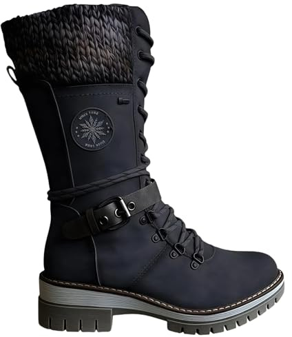 MEIION montalpin mont alpin Bottes Évasion Alpine Bottes d'hiver mi-mollet pour femme - Chaudes, durables et imperméables - Bottes de neige thermiques avec talon carré - Noir élégant