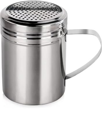 SuBeriYi Shaker à draguer en acier inoxydable de 283,5 g avec poignée – Idéal pour le sucre, le sel, le sucre glace, la farine, le chocolat, le cappuccino, le cacao, les tartes hachées, les crêpes