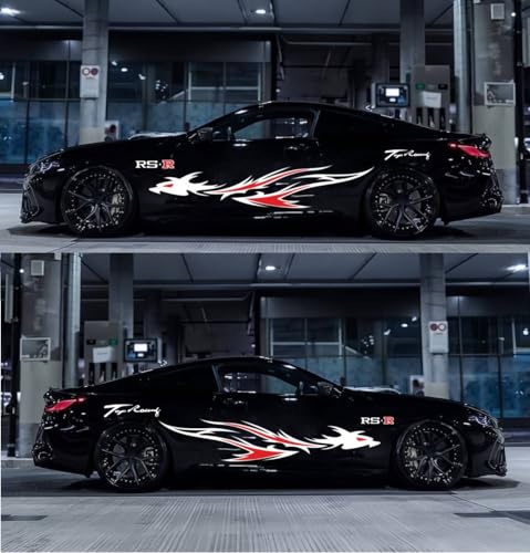 Auto Aufkleber, Flamme Drachen Totem Taille Linie Dekorative Vinyl Aufkleber Auto Körper Aufkleber(Weiß+Rot)