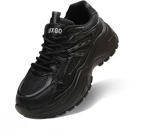 LUXGO Sportskor dam tjock platå bekväm sula kilklack casual sneakers mode vit, Svart, 36 EU