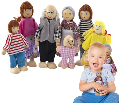 Funser Wooden Do Puppenfamilie aus Holz, Familienfamilie aus Holz, Set | Hood Doll House in Cartoon-Form | nachhaltiges Puppenfamilien-Set