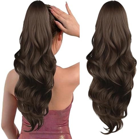 AOWVUTS Coda Cavallo Extension con Coulisse 65cm Lunga Ondulati Ricci Mossi Coda di Cavallo Sintetici Finta Capelli Posticci Extension Capelli per Donne Uso Quotidian (Marrone)