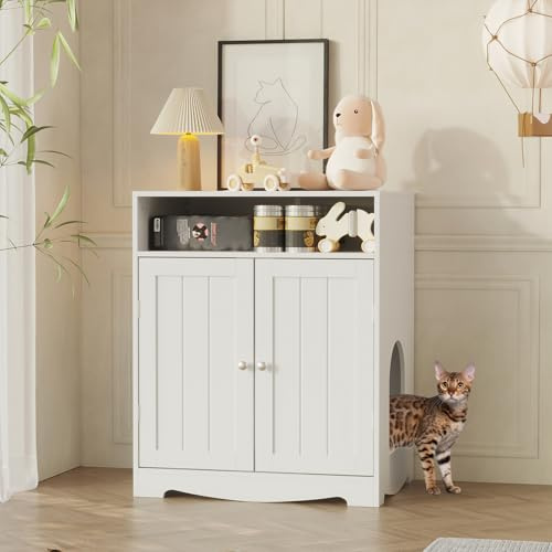 PREMTURE Katzenmöbel mit Türen – Multifunktionales Katzenhaus mit Stauraum – Katzenklo-Schrank, 60 x 43,5 x 73 cm, Weiß – Versteck für Katzentoilette & Ruheplatz im modernen Design