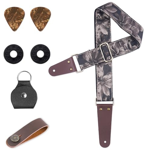 Hennaja Adjustable Guitar Strap Includes 2 Strap Locks & 2 Matching Picks & 1 Picks Holder & 1 leather Strap Button., 1-dahlia Yellow, 1 Pack Of