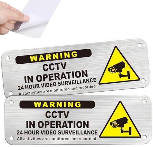 Luimode 2 Pack Surveillance Warning CCTV in Operation Sign Brushed Aluminium safety signs,Indoor Security Camera Signs Outdoor, UV Resistant, Waterproof, Anti-rust, With 4 Drilling,25 * 9cm