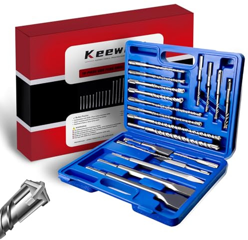 Keewaki 19-Piece SDS Plus Hammer Drill Bits for Concrete and Chisels Set, Cross Carbide Tip Masonry Drill Bit Set, Heavy-Duty Concrete Drill Bits for Brick & Stone, Storage Case Included