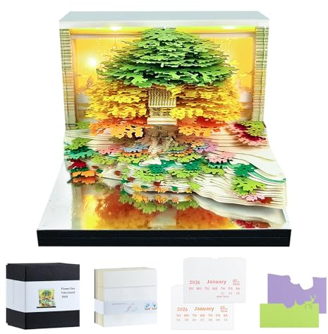 3D-Kalender 2026, 2026 Einzigartiger Papier-Skulptur-Kalender für die Schreibtischdekoration, 3D-Notizblock-Zeitmesser-kalender 2026 zum Abreißen mit LED-Beleuchtung und Acryl-Displaybox