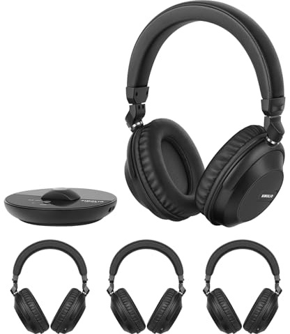 SIMOLIO Bluetooth TV Funkkopfhörer mit klarem & lautem Klang – Kabellose Kopfhörer & Sender für Gruppenhörer für Partys, Silent Discos, Kirchen, geringer Latenz TV – mehrere wiederaufladbare Headsets | 4 Kopfhörer mit Sender, geringe Latenz, leises Disco-Party-Set, 3 EQ-Modi, unterstütztes Hörsystem, Kirche