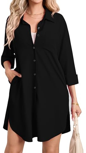 Enmain Womens Long Sleeve Blouse Shirt Dress Button Up Tunics with Pockets Casual Blouses Tops Black L