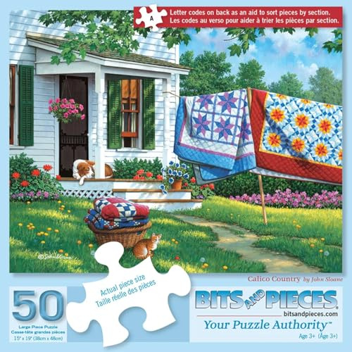 Bits and Pieces 50 Piece Puzzles for Adults - Calico Country - 50 Extra Large Pieces 15 x 19 Jigsaw Puzzles, Quilts Farm Spring, No 2 Pieces Alike